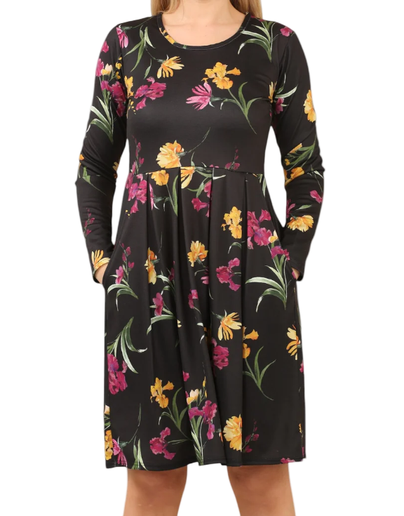 Women’s Pleated Tunic Dress – Long Sleeve with Pockets