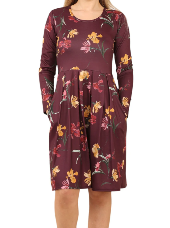 Women’s Pleated Tunic Dress – Long Sleeve with Pockets