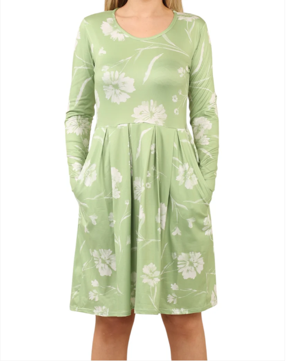 Women’s Pleated Tunic Dress – Long Sleeve with Pockets