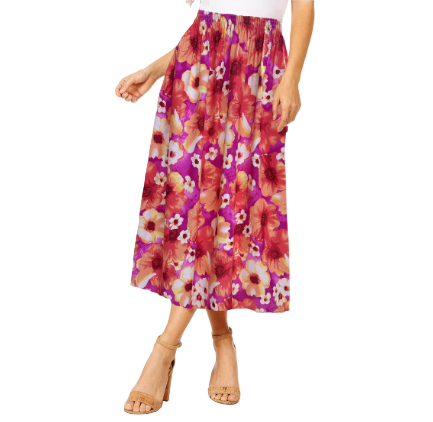 Women's Floral Midi Skirt – Summer Elastic Waist Skirt, Breezy Mid-Length Skirt for Casual & Dressy Occasions