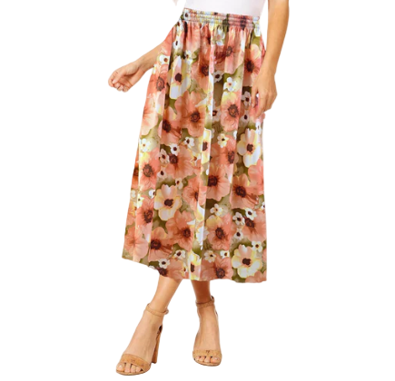 Women's Floral Midi Skirt – Summer Elastic Waist Skirt, Breezy Mid-Length Skirt for Casual & Dressy Occasions