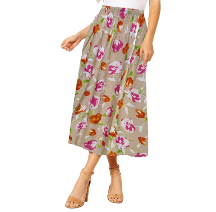 Women's Floral Midi Skirt – Summer Elastic Waist Skirt, Breezy Mid-Length Skirt for Casual & Dressy Occasions