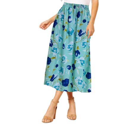 Women's Floral Midi Skirt – Summer Elastic Waist Skirt, Breezy Mid-Length Skirt for Casual & Dressy Occasions