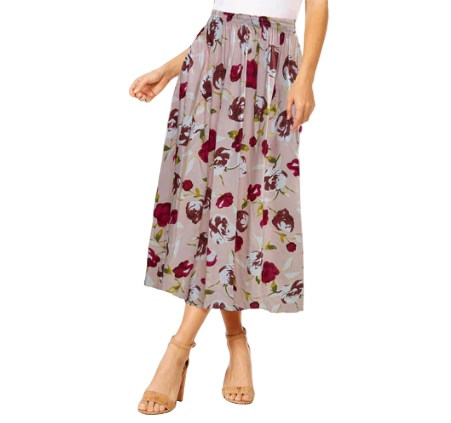 Women's Floral Midi Skirt – Summer Elastic Waist Skirt, Breezy Mid-Length Skirt for Casual & Dressy Occasions