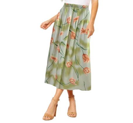 Women's Floral Midi Skirt – Summer Elastic Waist Skirt, Breezy Mid-Length Skirt for Casual & Dressy Occasions