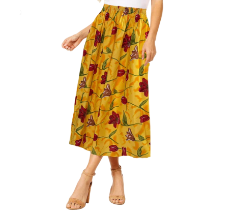 Women's Floral Midi Skirt – Summer Elastic Waist Skirt, Breezy Mid-Length Skirt for Casual & Dressy Occasions