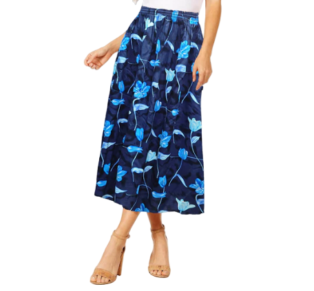 Women's Floral Midi Skirt – Summer Elastic Waist Skirt, Breezy Mid-Length Skirt for Casual & Dressy Occasions