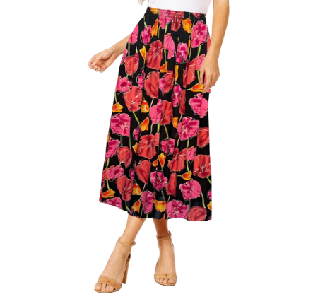 Women's Floral Midi Skirt – Summer Elastic Waist Skirt, Breezy Mid-Length Skirt for Casual & Dressy Occasions