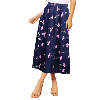 Women's Floral Midi Skirt – Summer Elastic Waist Skirt, Breezy Mid-Length Skirt for Casual & Dressy Occasions