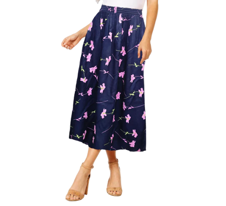 Women's Floral Midi Skirt – Summer Elastic Waist Skirt, Breezy Mid-Length Skirt for Casual & Dressy Occasions