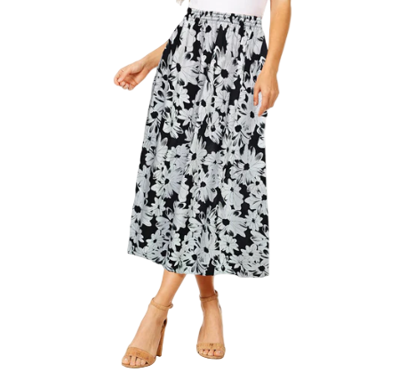 Women's Floral Midi Skirt – Summer Elastic Waist Skirt, Breezy Mid-Length Skirt for Casual & Dressy Occasions