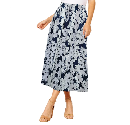 Women's Floral Midi Skirt – Summer Elastic Waist Skirt, Breezy Mid-Length Skirt for Casual & Dressy Occasions