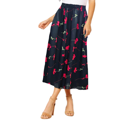 Women's Floral Midi Skirt – Summer Elastic Waist Skirt, Breezy Mid-Length Skirt for Casual & Dressy Occasions