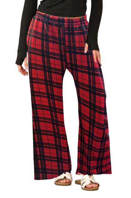 Women's Wide Leg Check Palazzo Trousers – Elastic Waist, Comfortable Casual & Lounge Pants