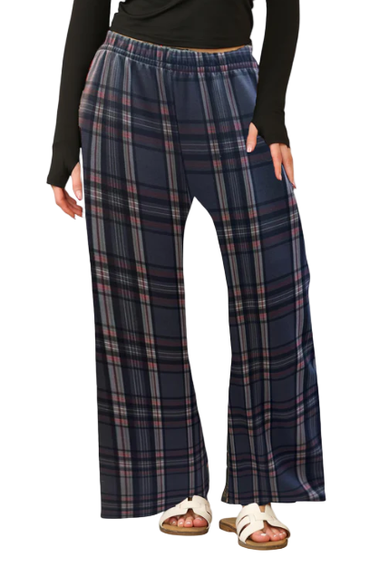 Women's Wide Leg Check Palazzo Trousers – Elastic Waist, Comfortable Casual & Lounge Pants