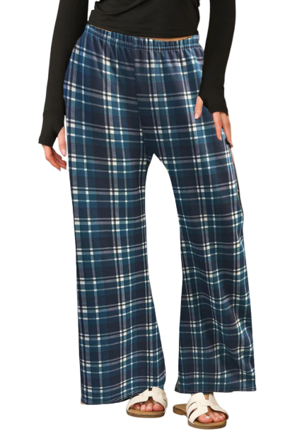 Women's Wide Leg Check Palazzo Trousers – Elastic Waist, Comfortable Casual & Lounge Pants
