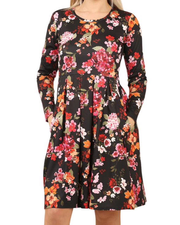 Women’s Pleated Tunic Dress – Long Sleeve with Pockets