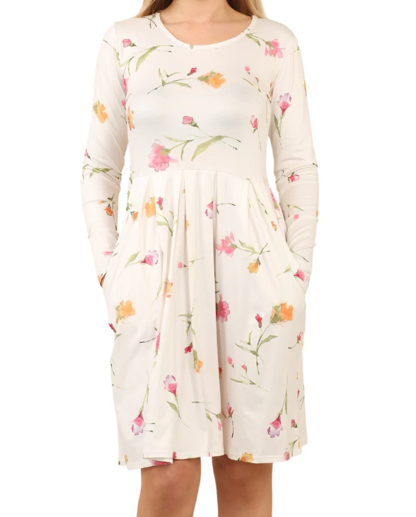 Women’s Pleated Tunic Dress – Long Sleeve with Pockets